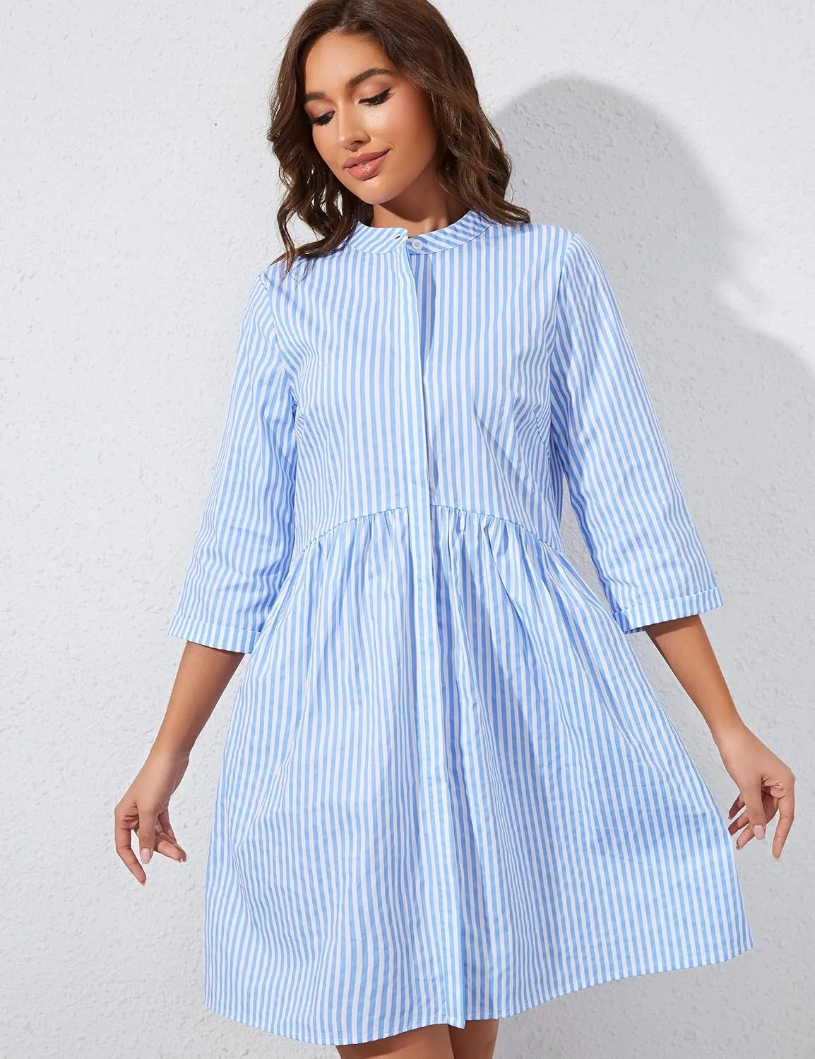 Ythomm Womens Striped Shirt Dresses Casual Button Down Collared Tunic Blouse Mini Dress Loose Fit 3/4 Sleeve Patchwork Dress